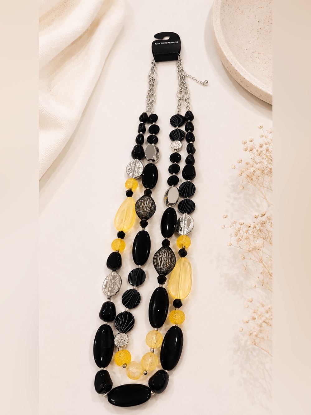 Designer layered chunky Multi-Strand Black & Yellow Beaded Statement Necklace